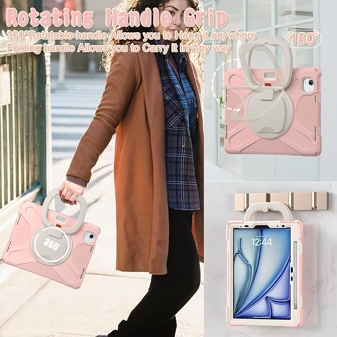SCSVPN Kids Case for iPad Air 11 Inch M4/M3/M2 (2026/2025/2024), iPad Air 10.9'' 5th/4th Gen 2022/2020, iPad Pro 11 4th/3rd/2nd/1st Gen, Protective Cover with Pen Holder, Stand, Shoulder Strap, Pink