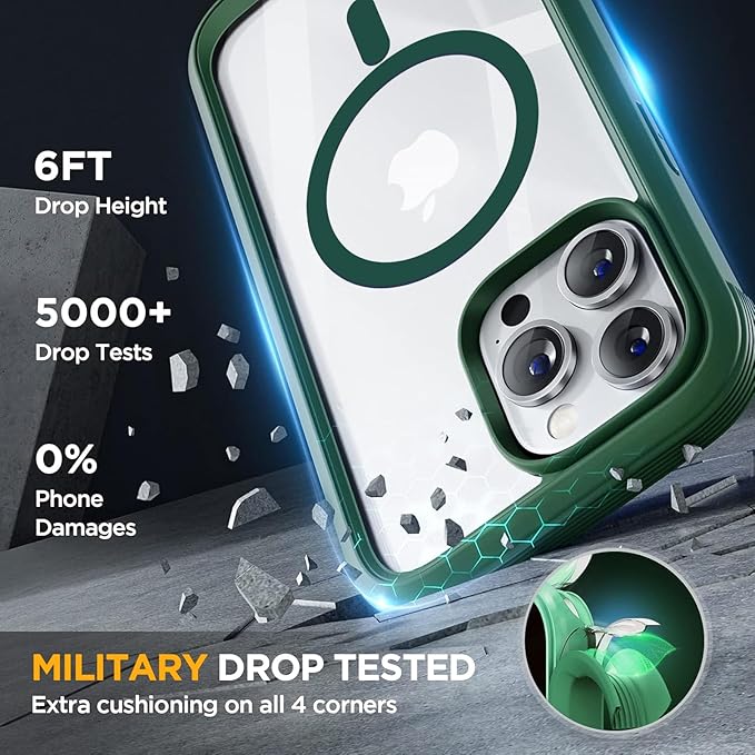 Miracase Magnetic for iPhone 14 Pro Max Case 6.7 inch, (Compatible with MagSafe) Upgrade Full-Body Clear Phone Bumper Case with Built-in 9H Tempered Glass Screen Protector, Magnetic Acacia Green