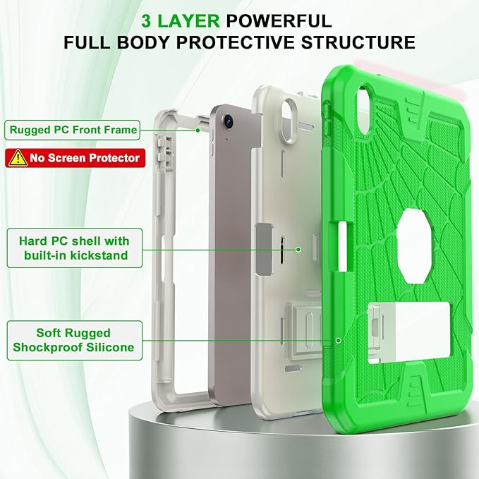 SIBEITU for iPad Case 11th A16/ 10th Generation 2025/2022, Heavy Duty iPad 10 Case with Built-in Kickstand & Pencil Holder, Hybrid 3-Layer Protective iPad 10th 10.9" Cover for Kids Boys Girls, Green