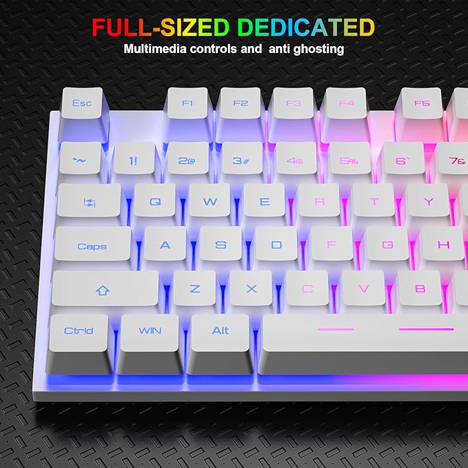 BlueFinger RGB Gaming Keyboard and Backlit Mouse Combo, USB Wired, LED Gaming Set for Laptop PC Computer Game and Work(White)