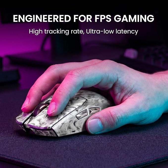 EWEADN Z7 Carbon Fiber Shell Wireless Gaming Mouse with 42000 DPI, PAW3950 Sensor, Kailh Optical Switch, Ergonomic 52g Lightweight, 8k Polling Dual-Mode (Wired/2.4GHz), Up to 300 Hr Battery, Silver
