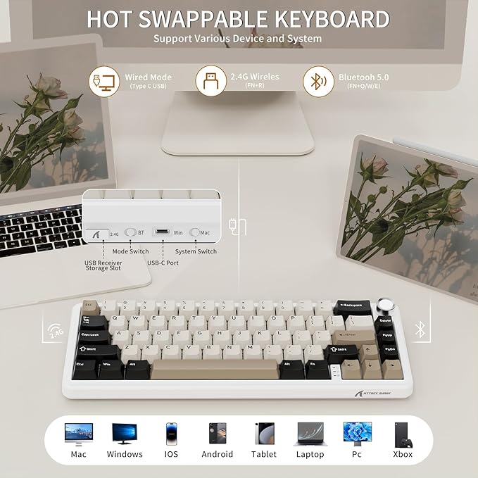 ATTACK SHARK X66 Wireless Mechanical Gaming Keyboard with Knob,Tri Mode USB-C/BT5.0/2.4G Gasket Mounted 60% RGB Gaming Keyboard 66Keys,PBT Keycap, Hot Swappable Custom Strawberry Switch(Cheese White)