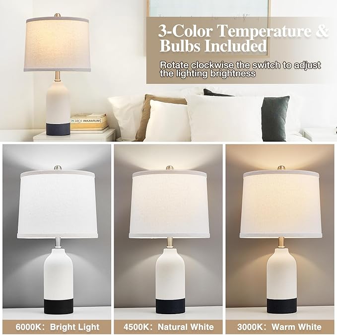 Modern Ceramic Table Lamp Set of 2, Adjustable Color Temperature Bedside Lamps for Night Stands with Fabric Drum Shade, Nightstand Lamps for Bedroom, Living Room, Desk, Includes 2 Bulbs (21.4")