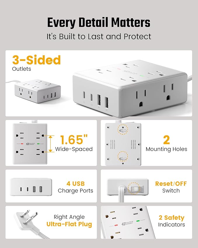 Flat Plug Surge Protector Power Strip, 6ft Ultra Thin Extension Cord with 4 USB (2 USB C Port), 8 Outlets Desk Charging Station, Wall Mountable Outlet Extender for Home Office, College Dorm Room