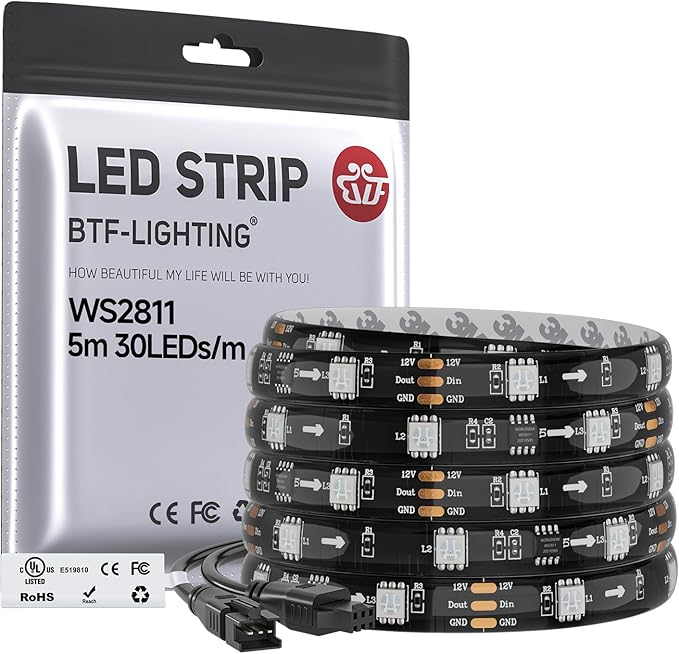 BTF-LIGHTING UL Listed WS2811 IC=RGB+IC Addressable Color RGB LED Strip,16.4FT 30LED/m 10Pixels/m,IP65 Black PCB Flexible DC12V Chasing Effect for Indoor Home Decor,3M Tape(No Adapter or Controller)