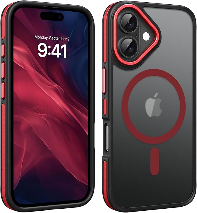 YINLAI Case for iPhone 16 Plus 6.7-Inch, iPhone 16 Plus Phone Case Magnetic [Compatible with Magsafe] Slim Translucent Matte Men Women Girls Shockproof Protective Back Cover, Black/Red