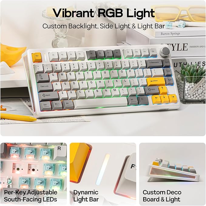 EPOMAKER TH80 V2 75% Wireless Mechanical Keyboard with Metal Knob, 8000mAh, 2.4Ghz/BT/USB-C, RGB, Hot Swap, Custom Driver, PBT Keycap, Wireless Gaming Keyboard for PC/Mac (White, Sea Salt Silent)