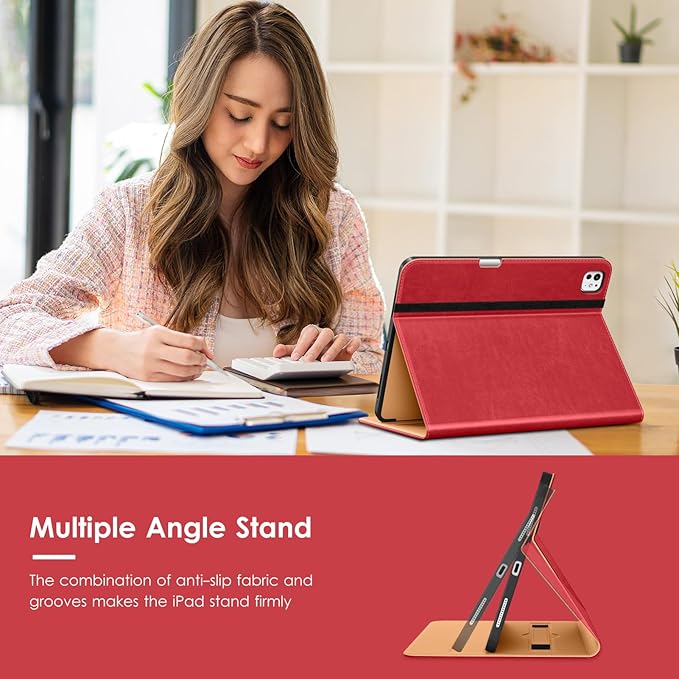 VIKESI Case for iPad Pro 13-inch M5 or M4 Released in 2025 or 2024, Leather Stand Cover with Apple Pencil Holder, Auto Wake/Sleep, Multiple Viewing Angles, Built in Hand Strap & Pocket,Red