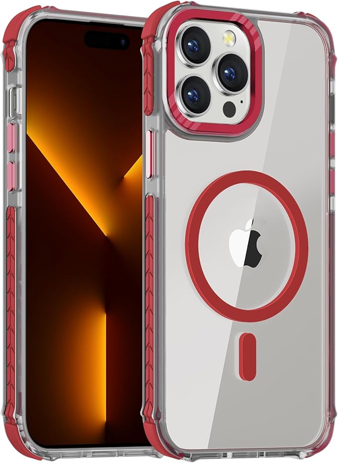 DEERLAMN Strong Magnetic Case for iPhone 14 Pro Max 6.7-Inch,[Compatible with Magsafe][Military Grade Drop Protection] Clear Slim Shockproof Protective Phone Cover-Transparent+Red