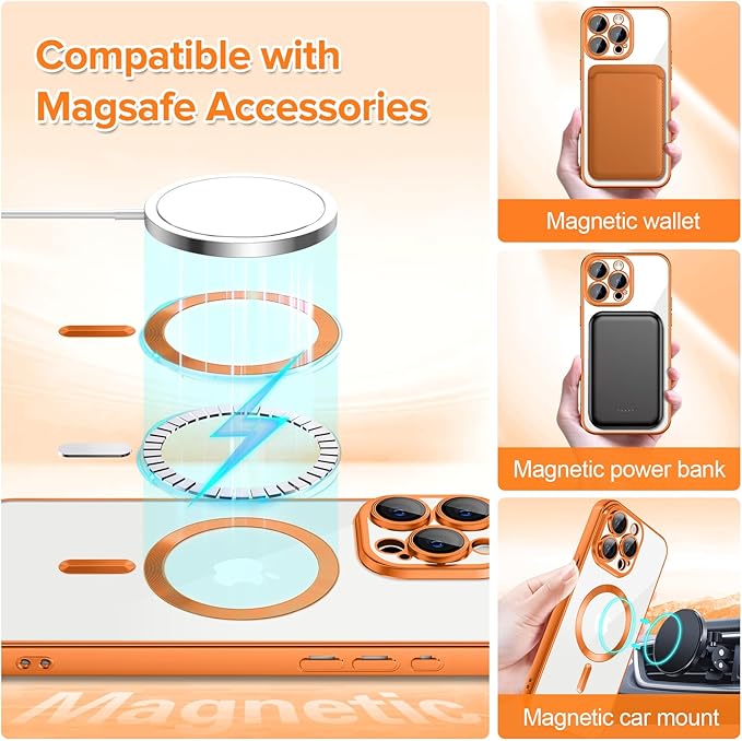 Hython Magnetic Clear for iPhone 15 Pro Case with Camera Lens Protector [Compatible with MagSafe] Luxury Plating Edge Slim Soft TPU Cover Protective Phone Case for iPhone 15 Pro 6.1", Matte Orange