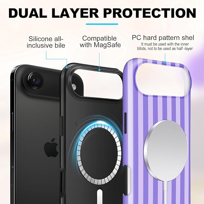 Magnetic for iPhone 17 Air Case Cute Stripes Phone Case, Shockproof Slim TPU and Hard PC Protective Phone Cover Compatible with MagSafe Designed for Women Girls, Light Purple