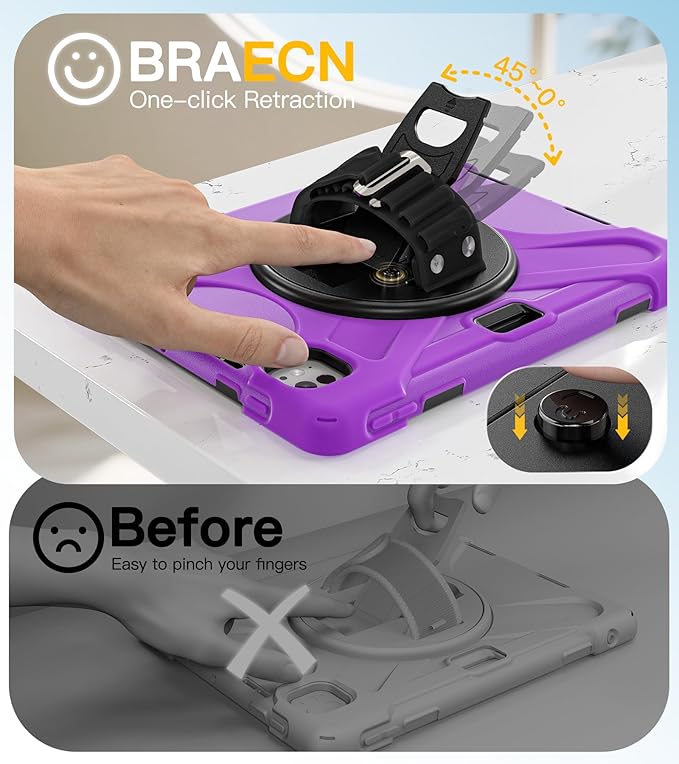 BRAECN Case for iPad Pro 11 inch M5 2025 & M4 2024, 4 Layers Heavy Duty Full-Body Protection Screen Protector Pencil Holder, 360° Rotating Handle Kickstand, Shoulder Strap Kids Friendly