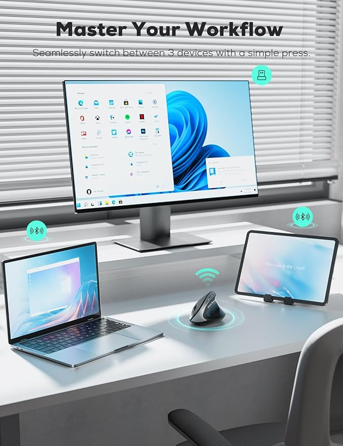 Nulea MD280 Ergonomic Vertical Wireless Mouse - Bluetooth & 2.4G Dual Mode, 4 Adjustable DPI 800/1200/1600/2400, Rechargeable, Silent Clicks, No Lag, 6 Buttons - Perfect for Laptop, Desktop Black