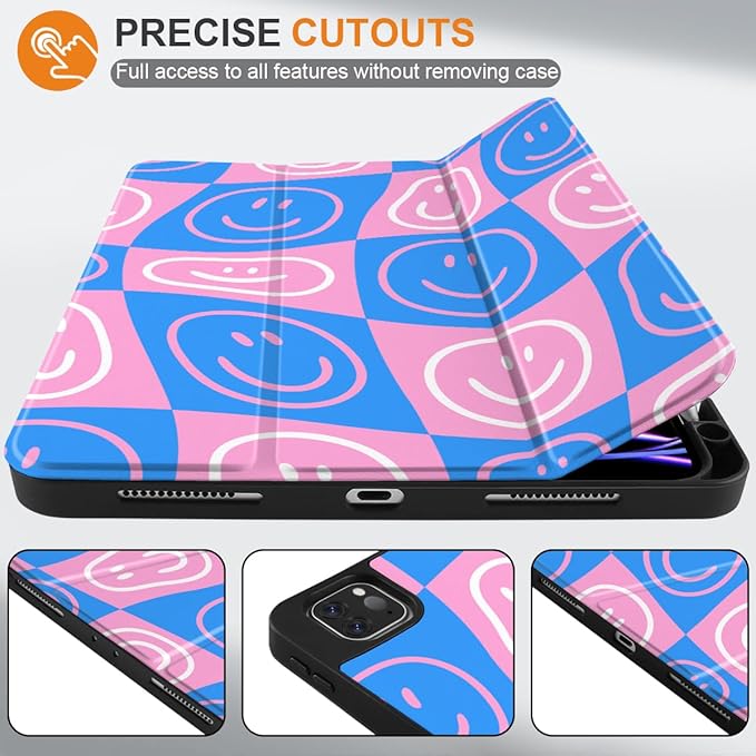 MEEgoodo Case for iPad Pro 12.9 Case M2 6th/5th/4th/3rd Generation 2022 2021 2020 2018, Protective Tablet Cover with Soft Back Shell for Kids, Smiling Faces & Checkered