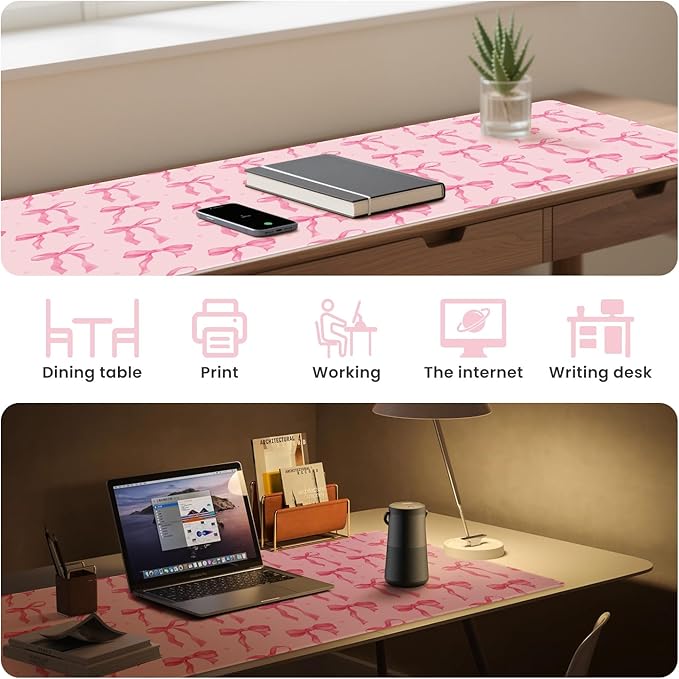 Pink Desk Mat Bows, Large Bow Mouse Pad for Computer Laptop PC Non-Slip Rubber Base Gaming Keyboard Pad, Cute Office Mat Girly Décor Office Supplies Accessories for Teen Girls Women 35.4 x 15.7in