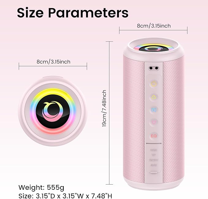 Portable Bluetooth Speaker, 2026 Bluetooth 5.4 Wireless Speaker with 20W HD Loud Stereo Sound, 20H Playtime, LED Lights, IP7, TWS Pairing, Built-in Mic, for Outdoor, Home, Beach, Party, Gift, Pink