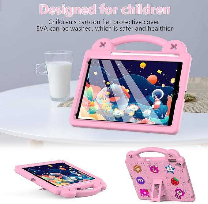 Dteck for iPad 9th/8th/7th Generation 10.2" Kids Case,Strawberry Panda Shockproof Rugged Lightweight Convertible Handles Stand Kids Friendly Case with Pencil Holder for iPad 10.2" 2021/2020/2019,Pink