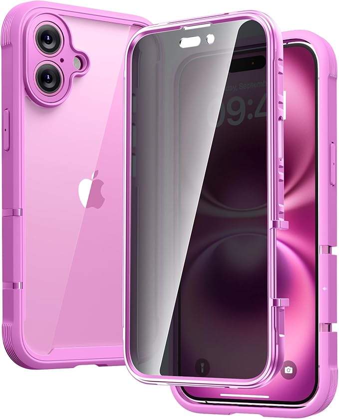Diaclara Designed for iPhone 16 Case 6.1 Inch,Upgraded [Full Camera Protection] Full Body Rugged Clear Bumper Case with Built-in Privacy Screen Protector for iPhone 16,Pink