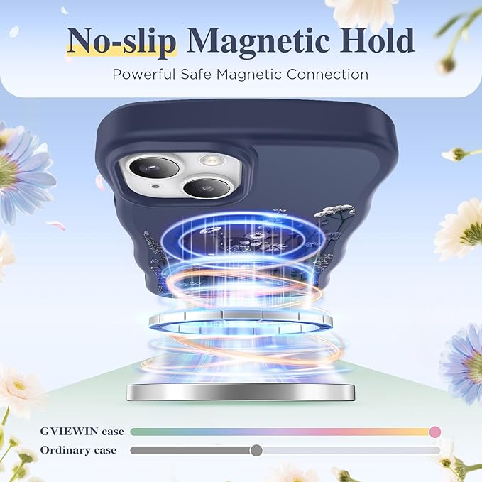 GVIEWIN Cute for iPhone 14 Case & iPhone 13 Case [Compatible with MagSafe] [Curly Wave Edge] Floral Translucent Magnetic Shockproof Protective Phone Cover for iPhone 14/13 6.1'', Floratopia/Blue