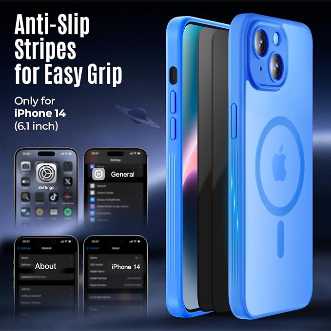 Symcele Designed for iPhone 14 Case, Compatible with MagSafe, with Privacy Screen Protectors X2, [Camera Protection] [15FT Military Drop Protection] Shockproof Phone Case, 6.1", Blue