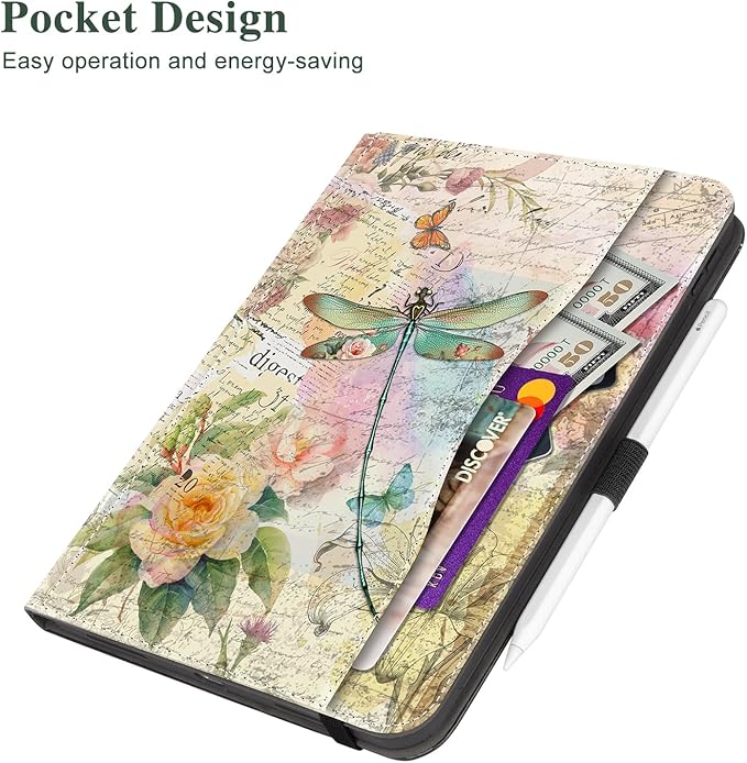 Vimorco Case for iPad (A16) 11th Generation 2025, for iPad 11th/10th Generation Case, Pencil Holder with Hand Strap & Pocket, Multi-Angle Viewing PU Leather Cover, Auto Wake/Sleep, Dragonfly Flower