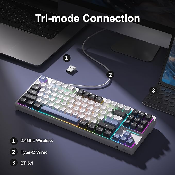 MageGee 87 Keys Wireless Creamy Keyboard, Gasket Tri-Mode 2.4G/USB-C/BT Gaming Keyboard, RGB Backlit Hot Swappable Mechanical Keyboard for Win/Mac/PC, 8000mAh Battery