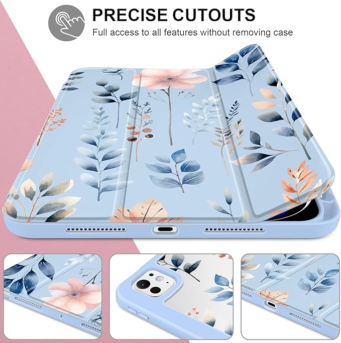 Case for iPad Pro 13 inch (M5) 2025 (M4) 2024 Release Slim Lightweight Cute Light Blue Cover with Clear Back TPU Edge Pencil Holder Trifold Stand, Hand-Drawn Leaves