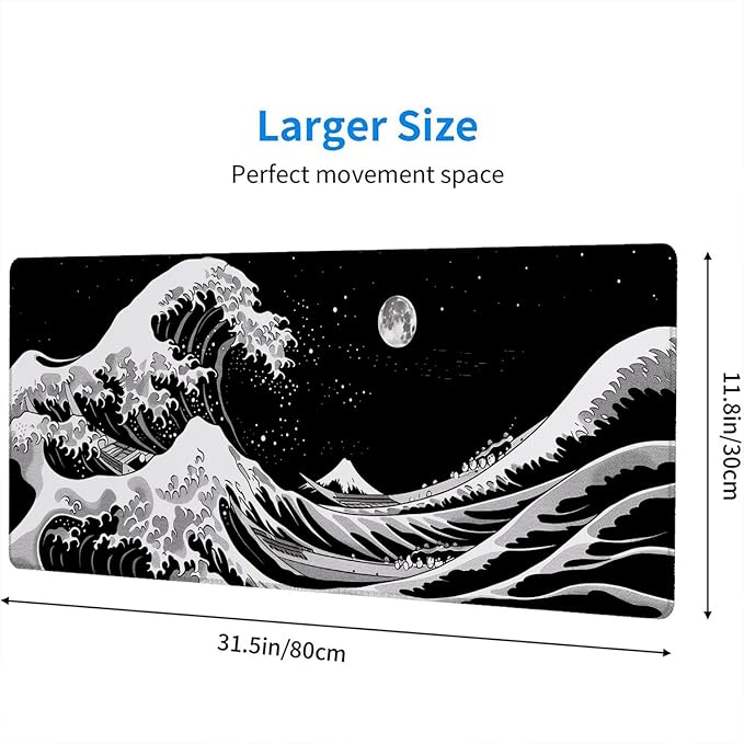 Japanese Sea Wave Anime Desk Mat Black and White Kanagawa XL Mouse Pad Large Mousepad Extended Laptop Keyboard Mat Gaming Desk Pad Mouse Mat 31.5"x11.8" Office Computer Keyboard Laptop Home