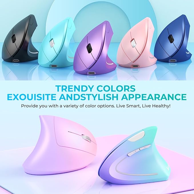 Lekvey Ergonomic Mouse, USB C Wireless Vertical Mouse, Dual Mode Rechargeable USB-A & Type-C Ergo Mouse, 1600 DPI, Relieves Wrist Pain and Carpal Tunnel, for Laptop Computer Mac MacBook, Purple Green