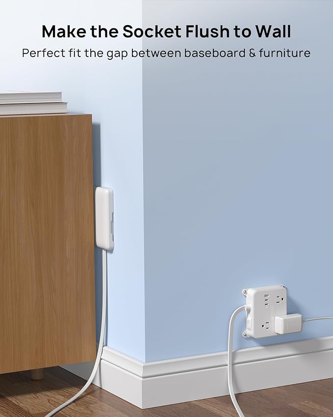 TROND Flat Power Strip with Outlet Concealer, 10FT Extension Cord with 3 Widely Spaced AC Outlets, 3 USB Charger(2 USB C Ports), Wall Mount Power Strip, Compact for Nightstand Couches Home Essentials