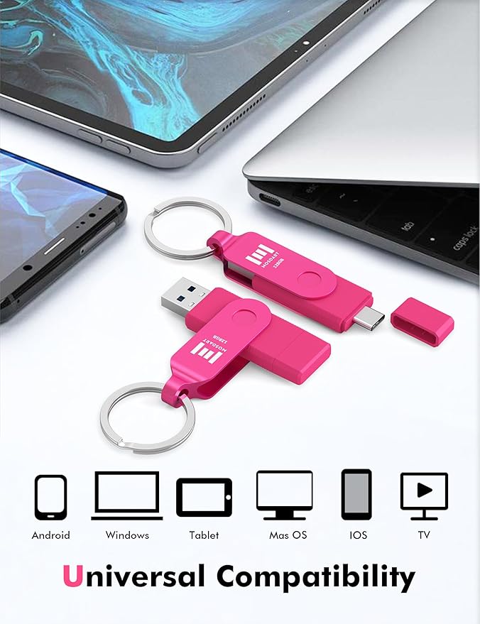 MOSDART 128GB USB 3.2 Fast Speed C and A Dual Flash Drive, exFAT Memory Stick with Keychain and LED Indicator, for iPhone 15,16,17, Android Phone, iPad, MacBook, and Other Laptops, Hot Pink