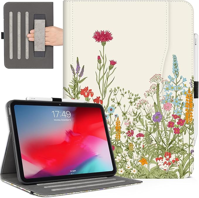 iPad Pro 13 inch Case (M5) 2025, Case for iPad Pro 13-inch (M4) 2024 with Pencil Holder Multi-Angle View Adjustable Stand Shockproof Protective case with Pocket/Hand Strap/Auto Wake Sleep, Flowers