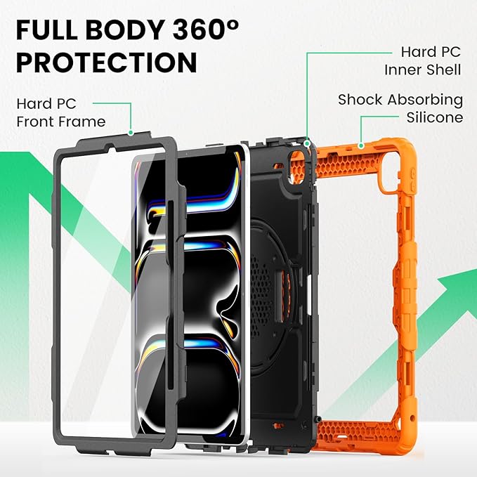 SEYMAC Case for iPad Pro 13 Inch M5 2025 / M4 2024, Heavy Duty Shockproof Protective Case with Screen Protector, 360° Rotating Stand, Hand/Shoulder Strap and Pen Holder, Orange