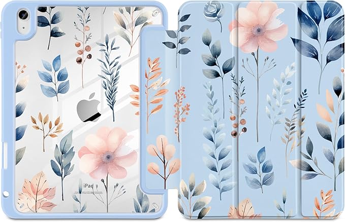 Case for iPad Air 13 inch 2026 M4 2025 M3 2024 M2 Release Slim Lightweight Shockproof Cute Blue Cover with Clear Back TPU Edge Pencil Holder Trifold Stand Auto Wake Sleep, Hand-Drawn Leaves