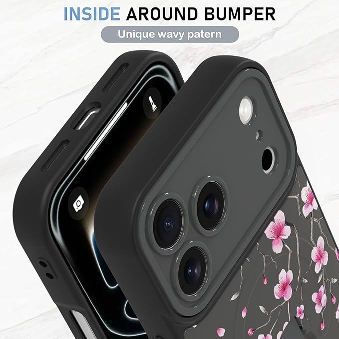 KANGHAR Compatible with iPhone 17 Pro Max Case, Magnetic Compatible with MagSafe, Cute Flower Floral Pattern Wristband Kickstand Full Camera Lens Shockproof Protective Case for Girls Women, Black