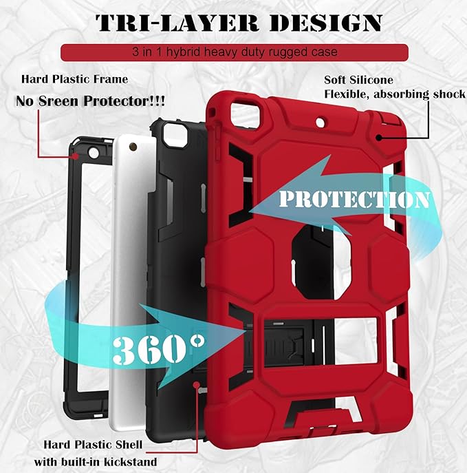 CCMAO iPad 6th Generation Cases, iPad 5th Generation Case, iPad 9.7 Case, iPad Air 2 Case, Hybrid Shockproof Rugged Drop Protection Case Built with Kickstand, Red+Black