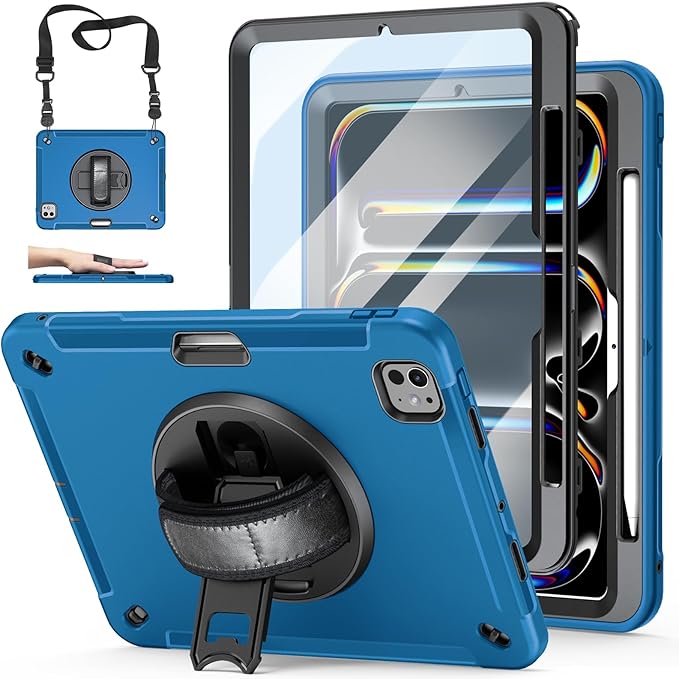 Case for iPad Pro 11 M5 2025/ M4 2024: Protective Cover for iPad Pro 11 Inch 5th Generation with Screen Protector- Stand- Handle- Shoulder Strap- Pencil Holder- Blue