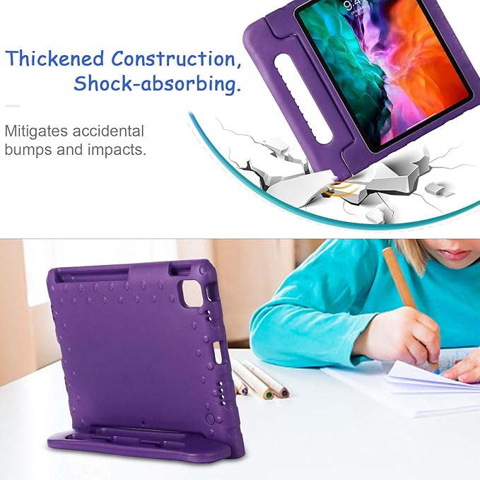 Kids Case for iPad Pro 11-inch 4th/3rd/2nd Gen 2020-2022, Techcircle [Support Pencil Charging] Handle Stand Lightweight EVA Foam Bumper Protective Child Friendly Drop Proof Cover, Purple