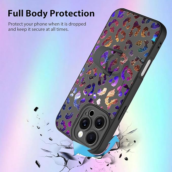 KANGHAR Compatible with iPhone 16 Pro Case, Support for MagSafe, Silicone Cute Iridescent Leopard Cheetah Pattern, Wristband Kickstand Shockproof Protective Slim Cover for Women Girls, Black