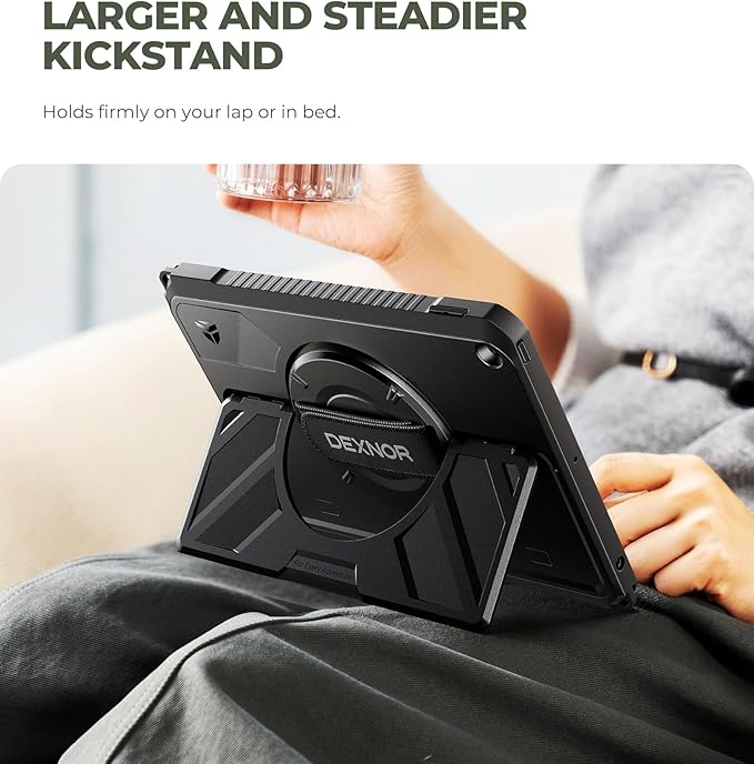 Dexnor Case for iPad 9th/8th/7th Generation 10.2 inch, Rugged Protective Case with 360° Rotating Hand Strap & Large Stand & Screen Protector & Pencil Holder Shockproof Full-Body Bumper Cover, Black