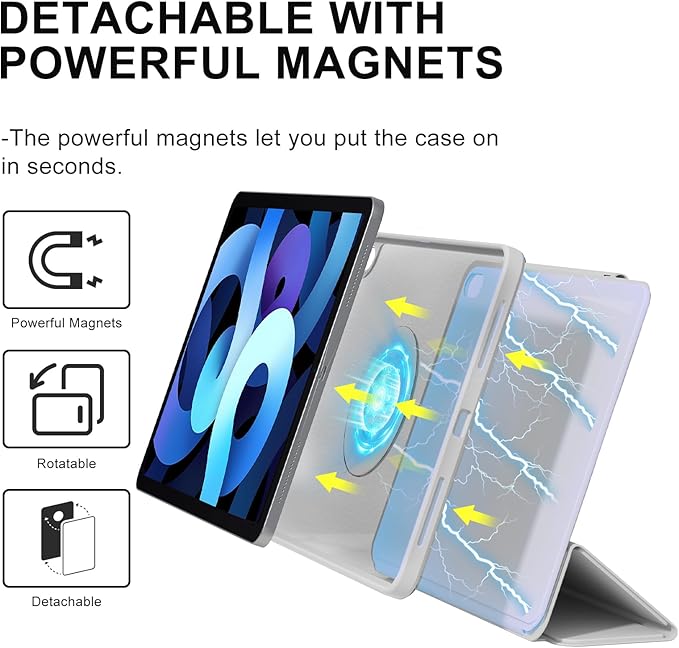 ZENLU iPad Air 10.9/11 inch Case with Removable Magnetic Folio Cover, Premium PU Leather, Multiple Angles Stand, Pencil Slot Charging Support, Full Protective Case for iPad Air 7 6 5 4 Gen (Grey)