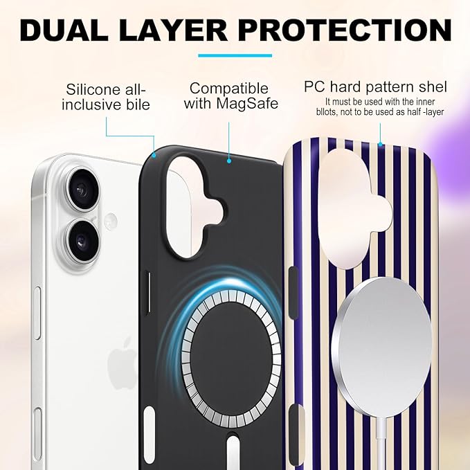 Magnetic for iPhone 16 Case Cute Stripes Phone Case, Shockproof Slim TPU and Hard PC Protective Phone Cover Compatible with MagSafe Designed for Women Girls, Deep Purple