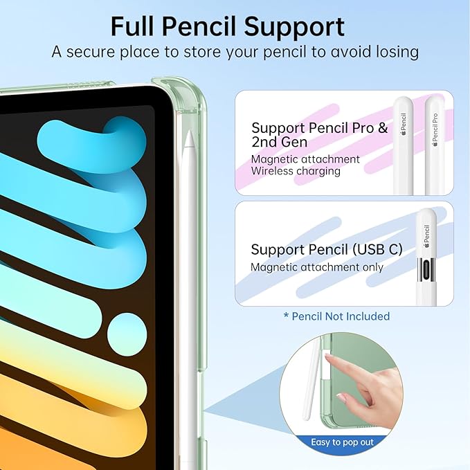 MoKo for iPad mini 7 A17 Pro Case 2024, iPad mini 6th Generation Case 8.3 Inch 2021 with Pencil Holder, Slim Light Trifold Smart Protective Cover with Hard PC Translucent Back Shell, Tequila Green