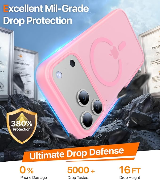 Magnetic for iPhone 17 Pro Case,[Anti-Slip][Compatible with MagSafe][Military Grade Drop Protection] Shockproof Protective Translucent Matte Phone Case for iPhone 17 Pro Case,Pink