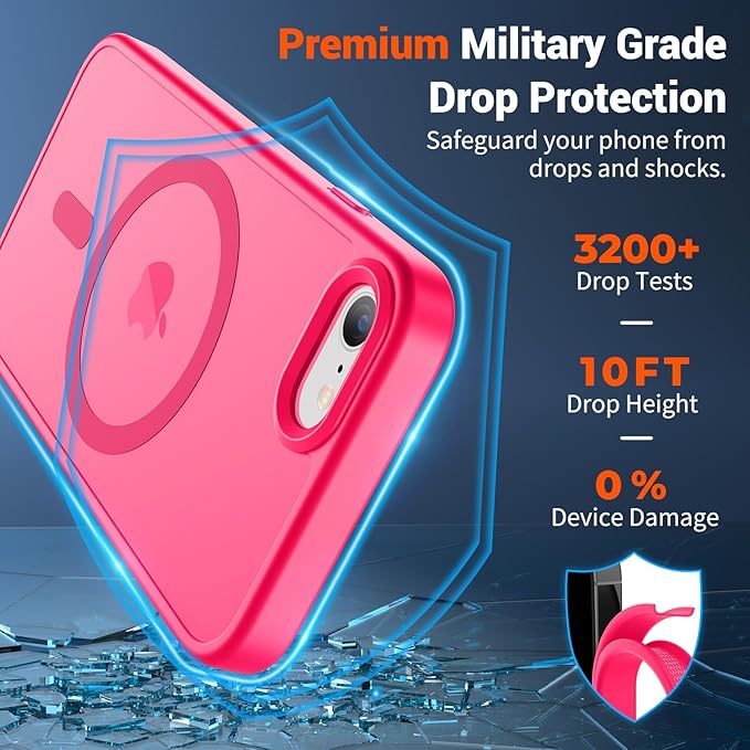 SUPFINE Magnetic for iPhone SE Case 2022 (3rd)/2020 (2nd), iPhone 8 Case (Compatible with MagSafe) (Military Grade Drop Protection) Translucent Matte Phone Case, Hot Pink