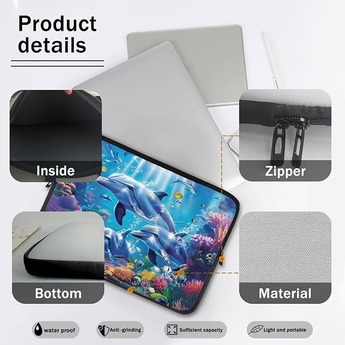 Dolphin Laptop Sleeve for Women Men 12 inch Laptop Accessories with Versatile Uses Lap Top Case Portable Computer Sleeve Laptop Pouch Ideal Gifts for Holidays Blue