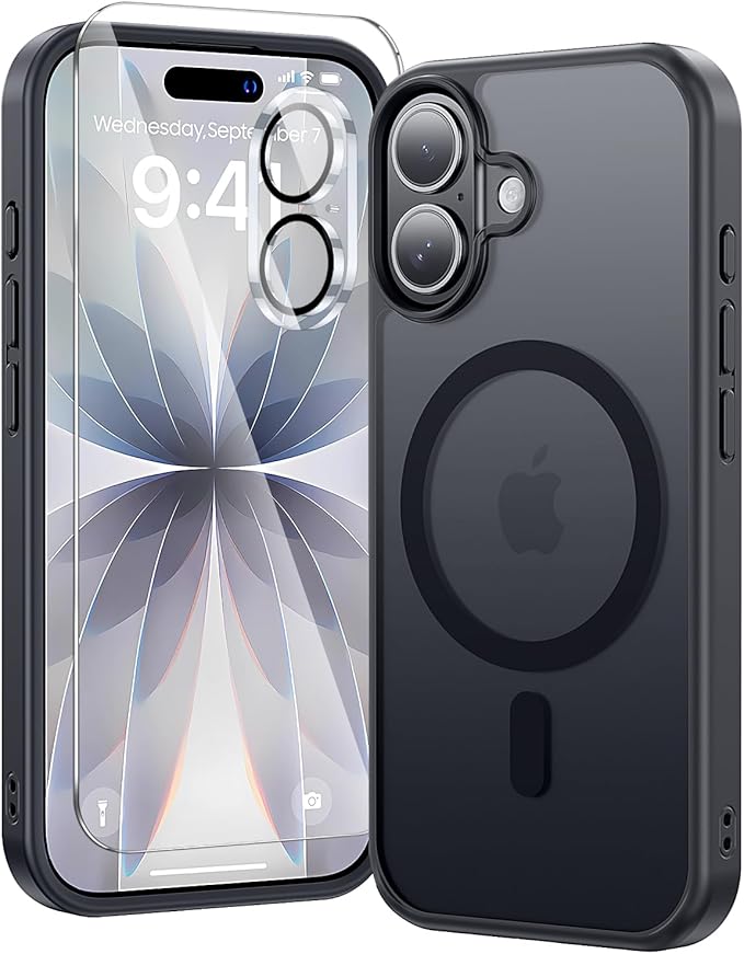 toushion 3 in 1 for iPhone 17 Case Matte Black,Fits MagSafe, Screen Protector*1 Camera Lens Protector*1,Matte Skin Feeling Back, Cover Military-Grade Protection