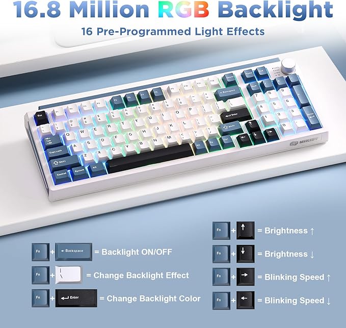 K98 Wireless Mechanical Keyboard,Tri-Mode BT5.0/2.4GHz/USB-C Hot Swappable Custom Keyboard,Gasket Structure,RGB Backlit Gaming Keyboard for Win & Mac(White&Blue,Milk-V2 Switch)