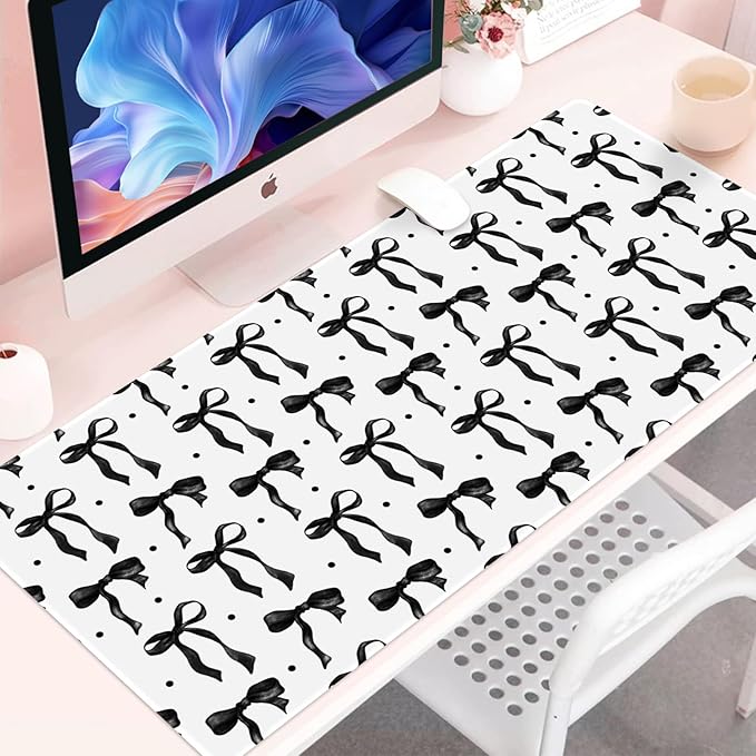 White Mouse Pad with Black Bows, Cute Desk Mat Bow Keyboard Mat for Computer Laptop Non-Slip Rubber Base, Large Office Mat Girly Desktop Décor Accessories Office Supplies for Girls Women 35.4 x 15.7in
