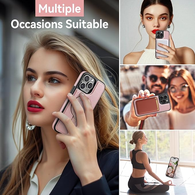 Compatible with iPhone 15 Pro Max Case with Stand, Compatible with MagSafe, Slim PU Leather & Durable TPU Protective Cover Drop-Proof with Tempered Glass Screen Protector 6.7", Rose Gold